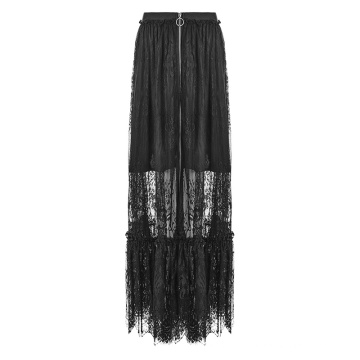 PUNK RAVE Black Tulle Skirt Fashion Women Skirts OPQ-321 Gothic Zipper Lace Ruffles Trumpet / Mermaid Adults Casual Plain Dyed